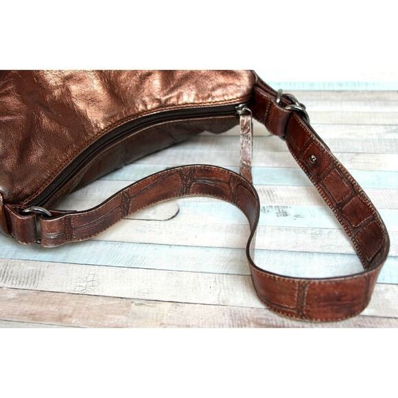 NUOVEDIVE Italy BRONZE CROCO BROWN GENUINE LEATHER ZIP TOP SHOULDER BAG HANDBAG - Picture 7 of 12